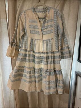 Greek Tiered Tunic Dress in Cream and Light Blue OS